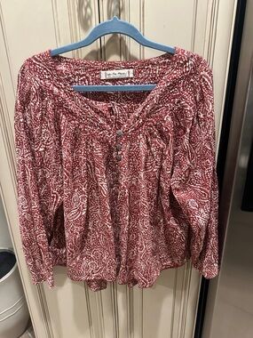 Free People Red Paisley Button-Front Peasant Blouse
